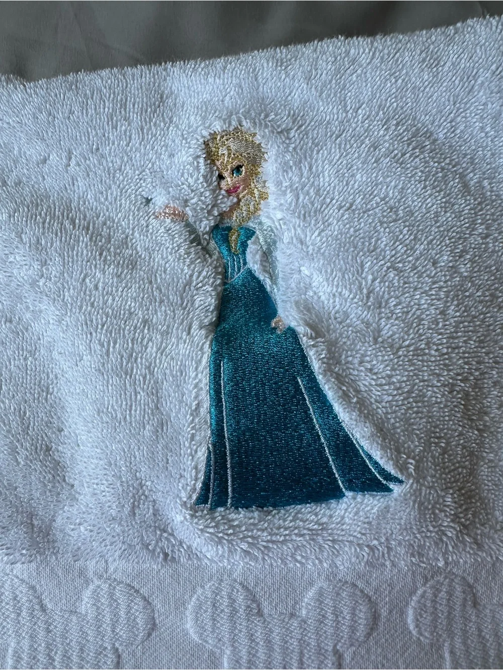 Set of Disney Parks White Embroidered Bath Towels, Elsa, Anna, and Olaf